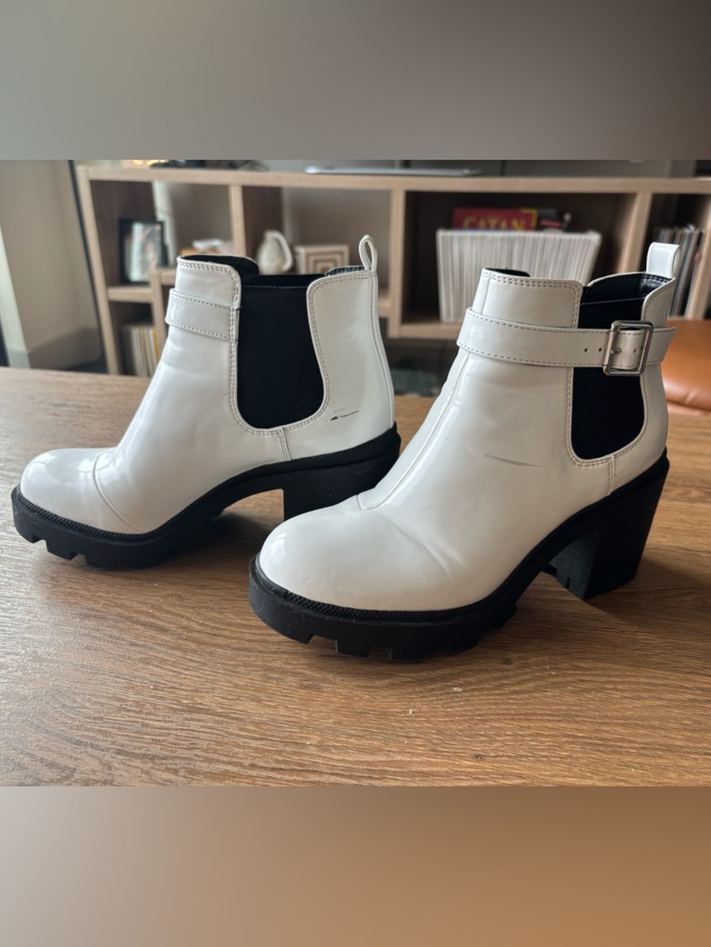 White Chunky Chelsea Ankle Boots with Buckle Strap